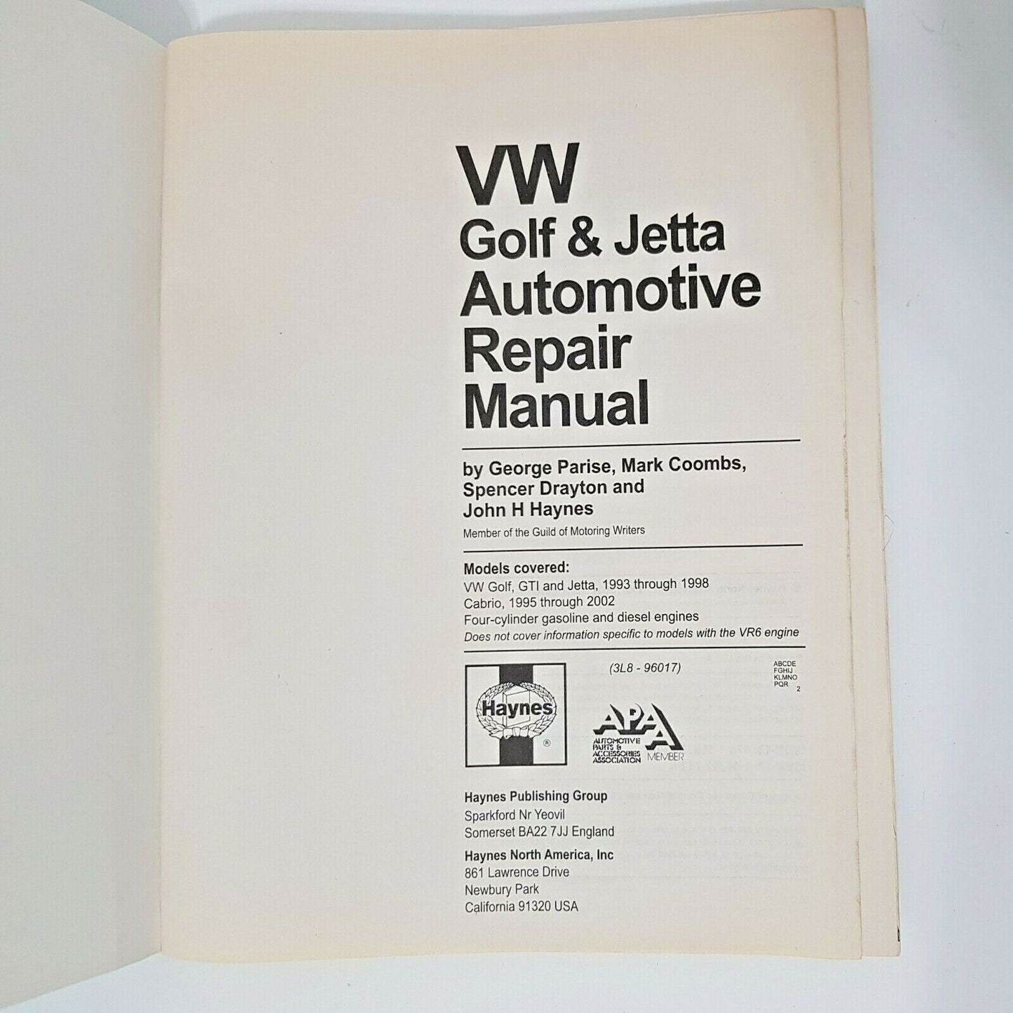 Haynes 96017 Repair Manual for 93-98 VW Golf & Jetta, Gas & Diesel, Cabrio, GTI