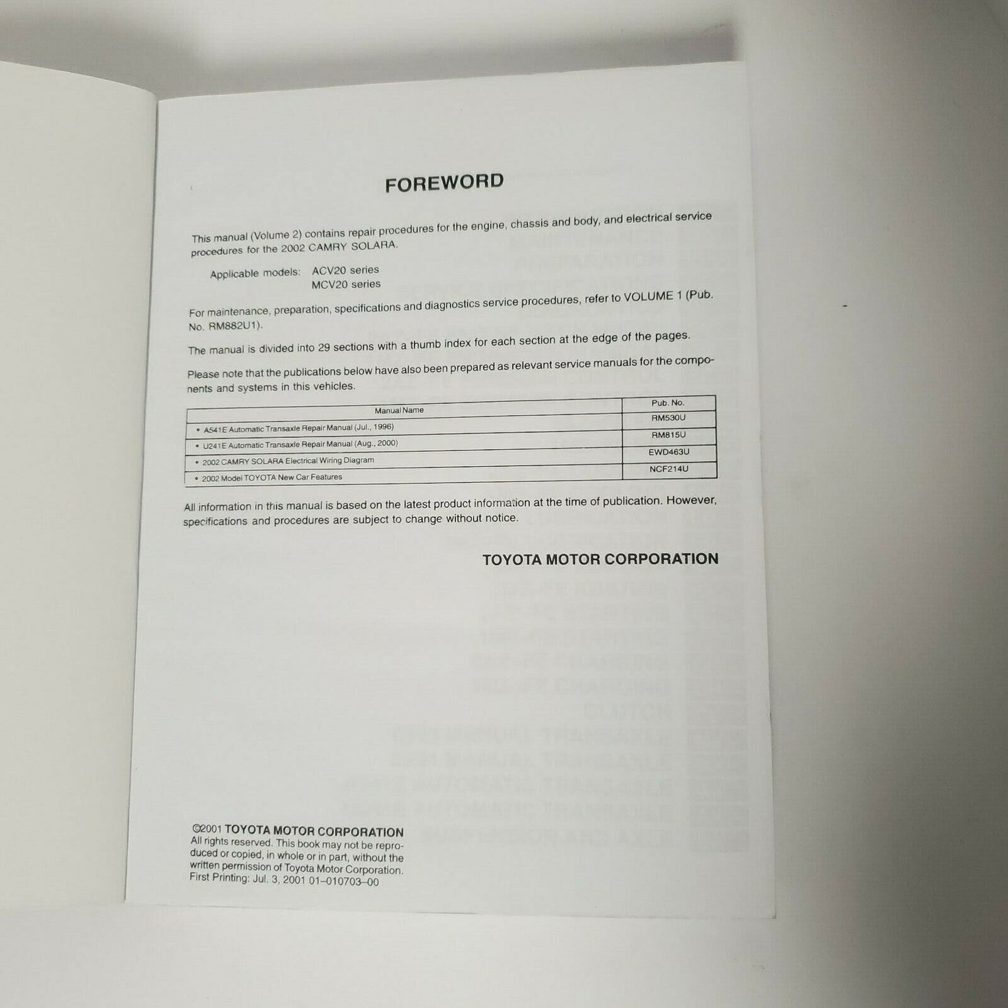 Toyota Camry Solara 2002 Shop Repair Manuals Original OEM Service Books 2 + 2a
