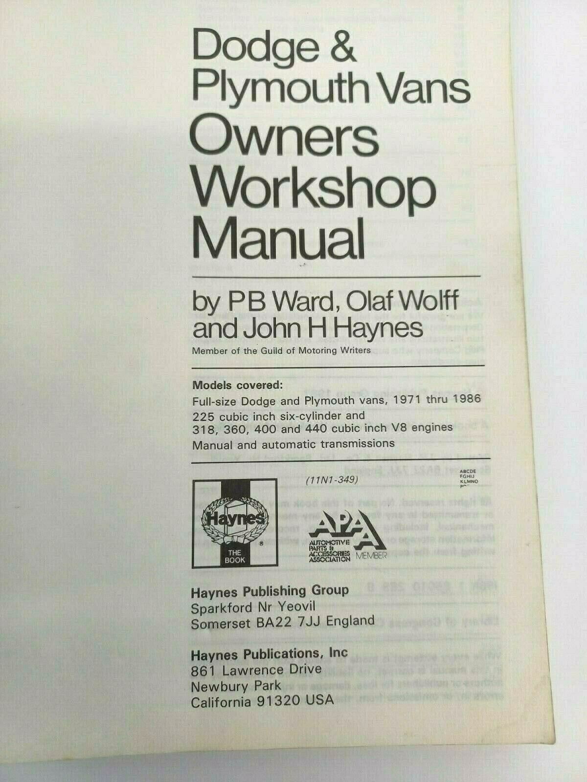 HAYNES 349 Dodge & Plymouth Vans Workshop Manual 1971 - 1986 All Full-Size
