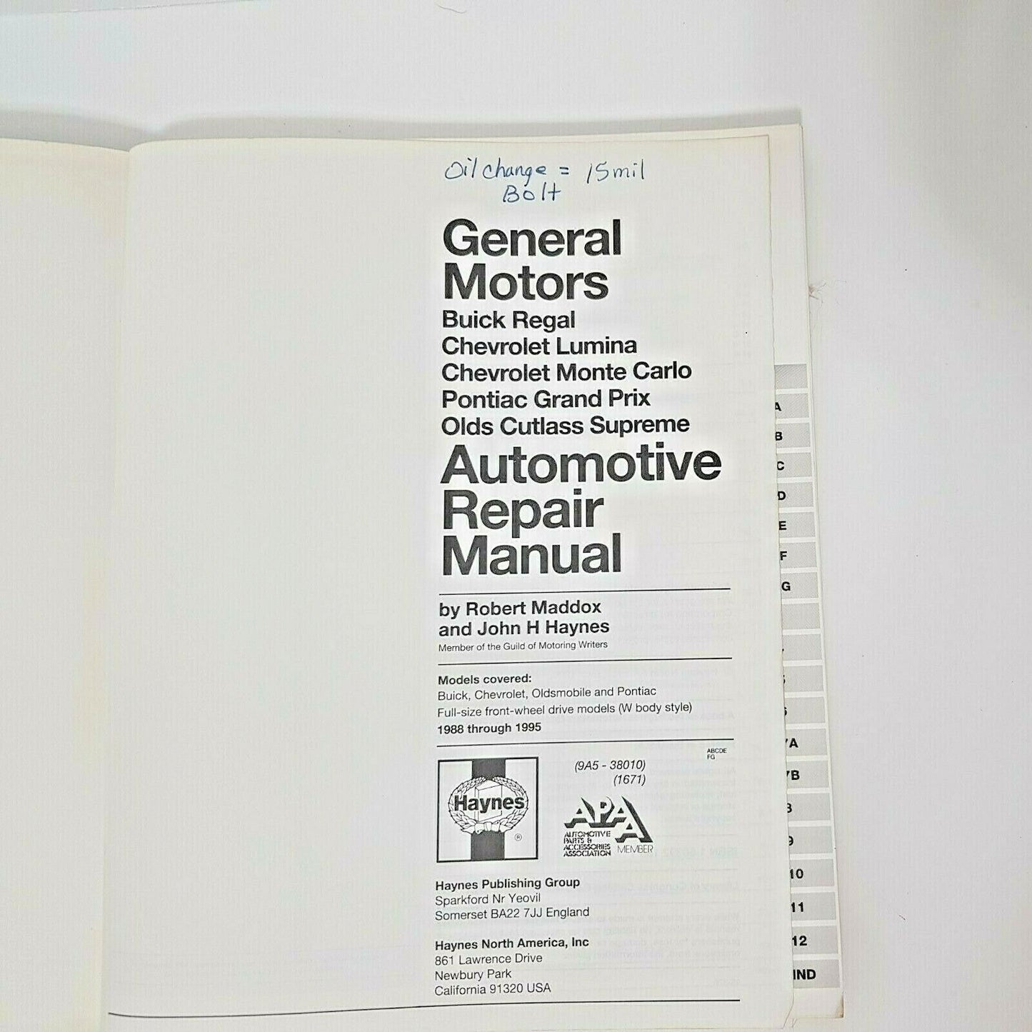 Haynes 38010 / 1671 Manual GM Buick Regal, Pontiac Grand Prix, Lumina 1988-1995