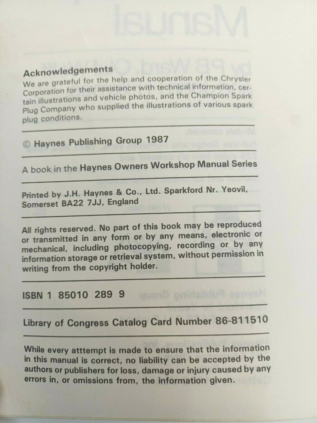 HAYNES 349 Dodge & Plymouth Vans Workshop Manual 1971 - 1986 All Full-Size